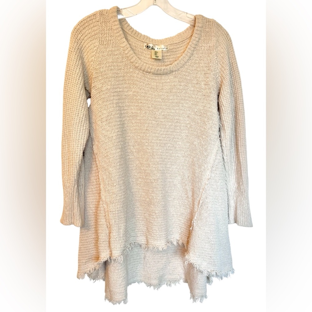 Anthropologie Kaisley Cream Pull Over Hi- Low Sweater Raw Fringe Hem Size S